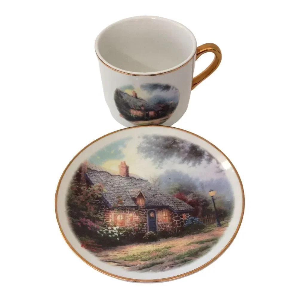 Thomas Kinkade Moonlight Cottage Tea Cup Saucer‎ Vase Teleflora Gold Trim Set